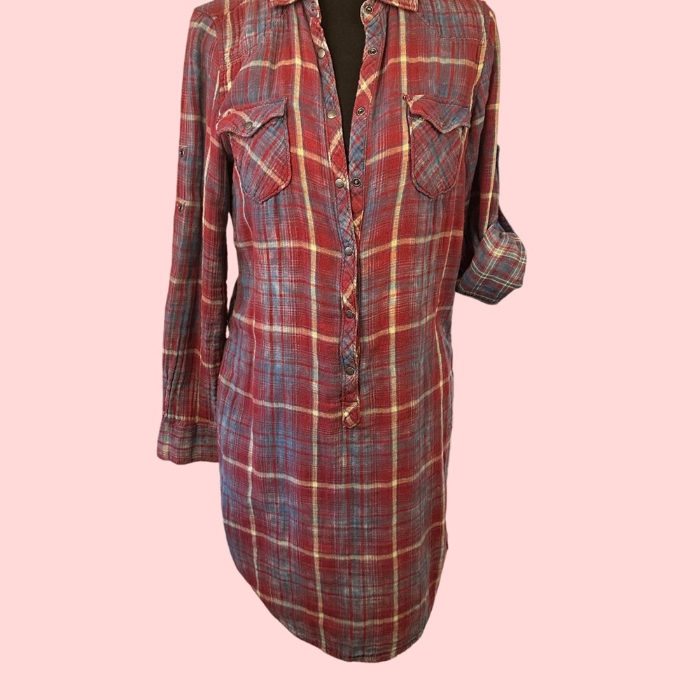 Ryan Michael Multi-Color Red Plaid Button-Up Shirt Dress Tunic SzS